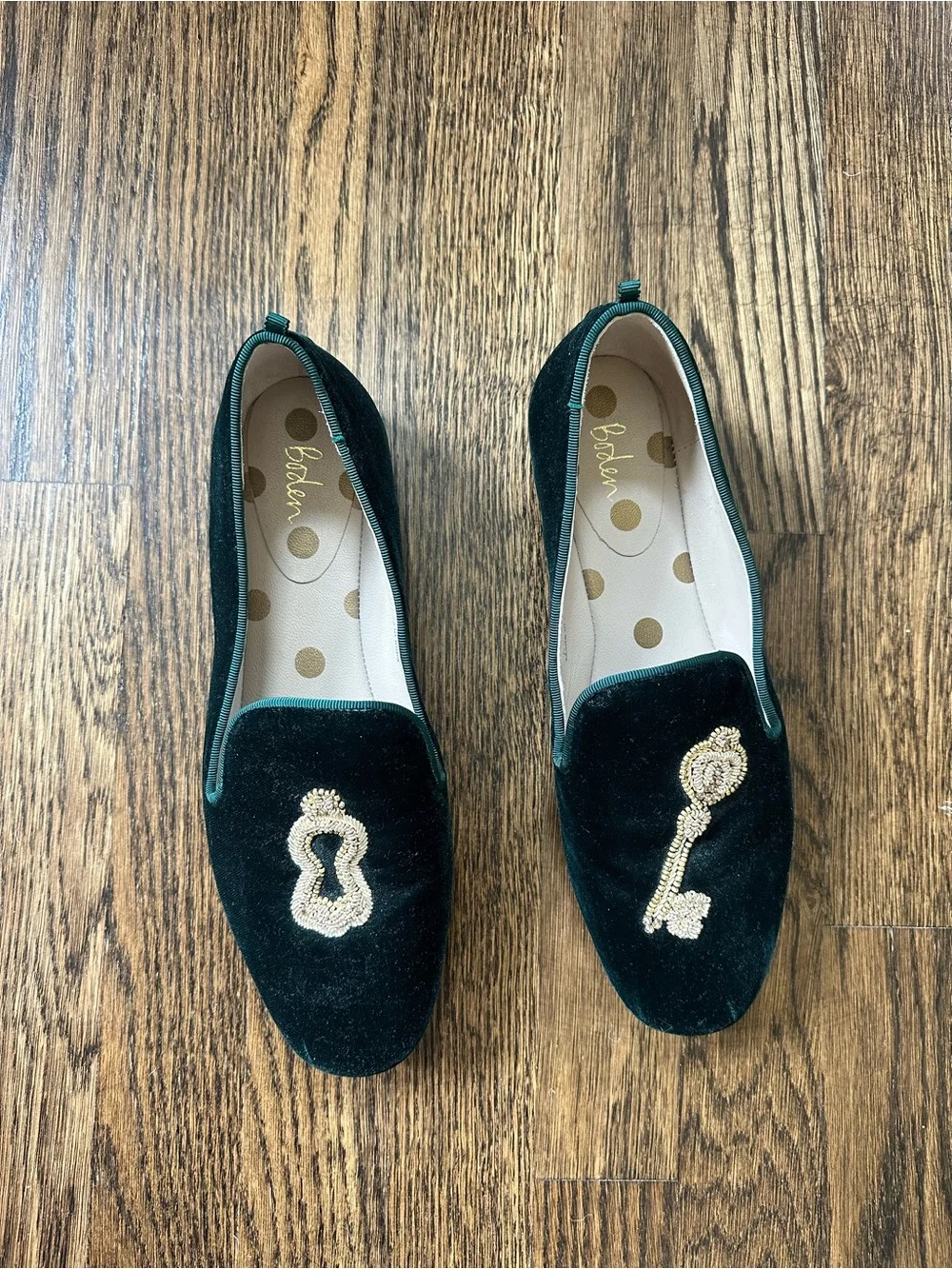 Boden Emerald Velvet Loafers with Gold Key & Lock Embellishment